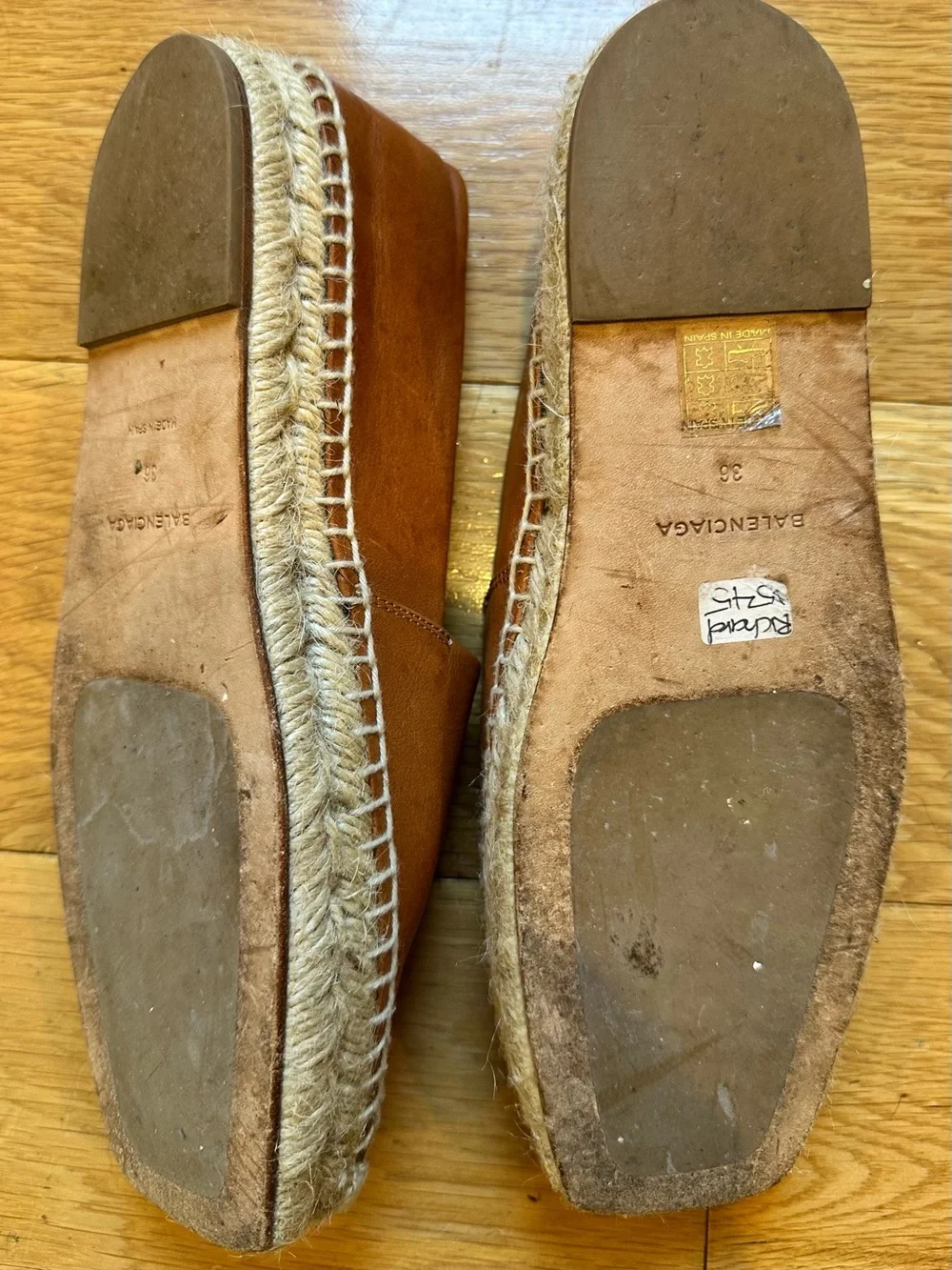 Balenciaga Cognac Leather Espadrille Flats Size 36 Brown Slip On Made in Spain